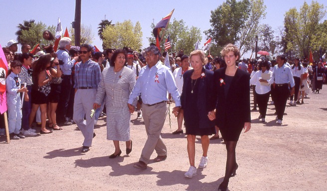 Helen Chavez, Cesar's widow, her son, Paul, Ethel Kennedy and one of the Kennedy daughters (Rory, I think) march in the procession.