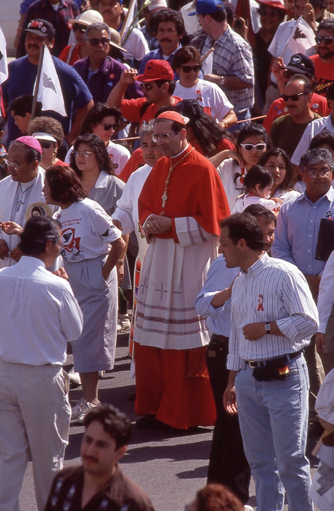 Roman Catholic Cardinal Roger Mahoney of Los Angeles led the procession from Delano to the UFW's Forty Acres compound.