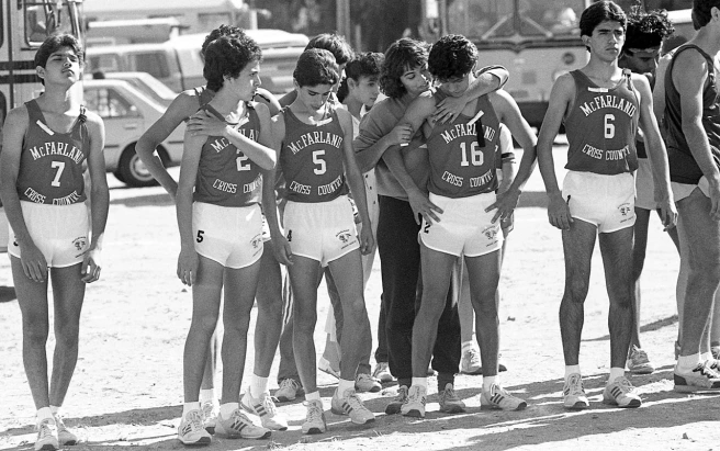 At the Kern Invitational on November 1, 1986, five days after the accident that took the lives of Herlinda Gonzalez and Sylvia Diaz, the boys team lines up for the start of their race. From left: Victor Puentes, Johnny Samaniego, Damacio Diaz, Thomas Valles and David Diaz.